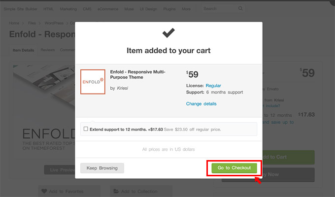 「enfold」のテーマがカートに追加されました。 他に購入するテーマがなければ「Go to Checkout」をクリックして、購入手続きを進めます。