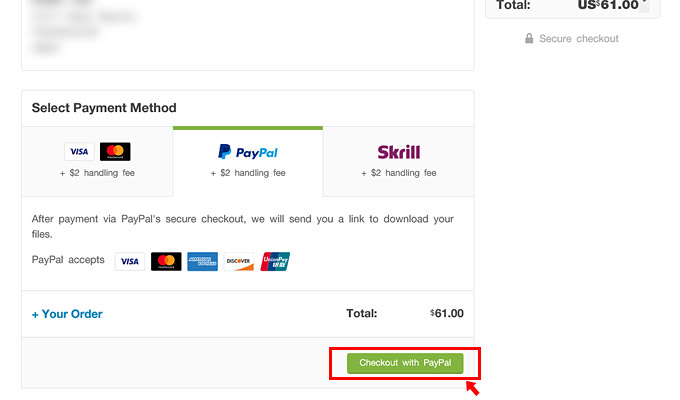 支払い方法をクリックすると、金額の確認が表示されますので「Checkout with Paypal」をクリックします。